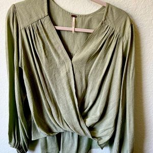 Free People faux wrap light green blouse with 3/4 length sleeves